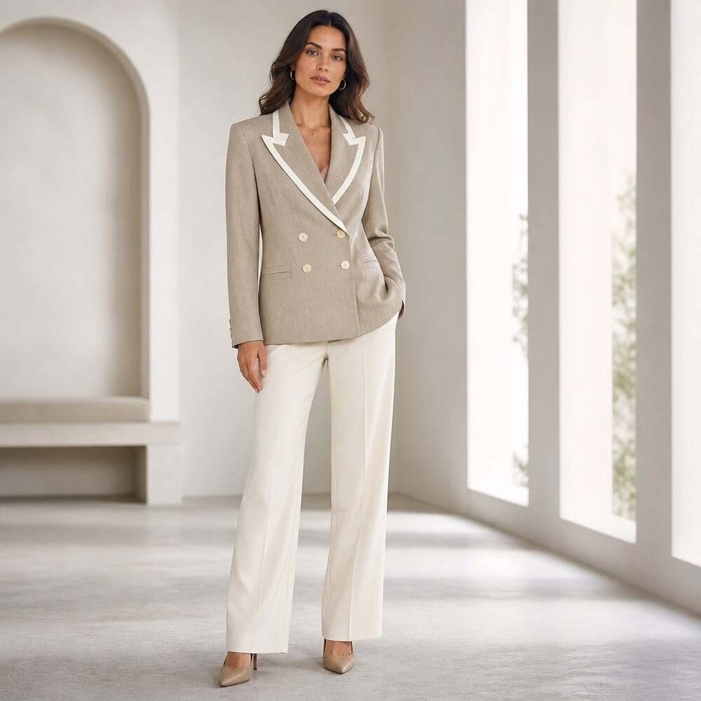 Vintage Oleg Cassini Double-Breasted Contrast Lapel Blazer, Beige, Size 16